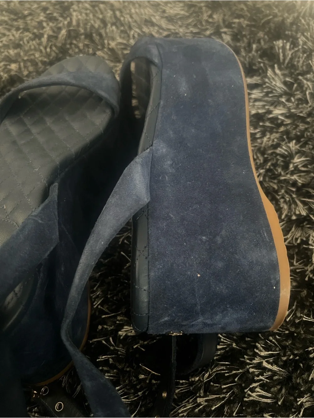 CHANEL Navy Suede Platform Heels with Gold CC Accent
